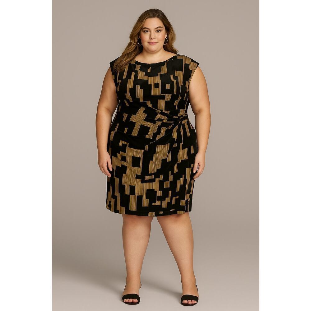 Donna Karan Velvet Burnout Sheath Dress 24W Black Gold Elegant Party Cocktail